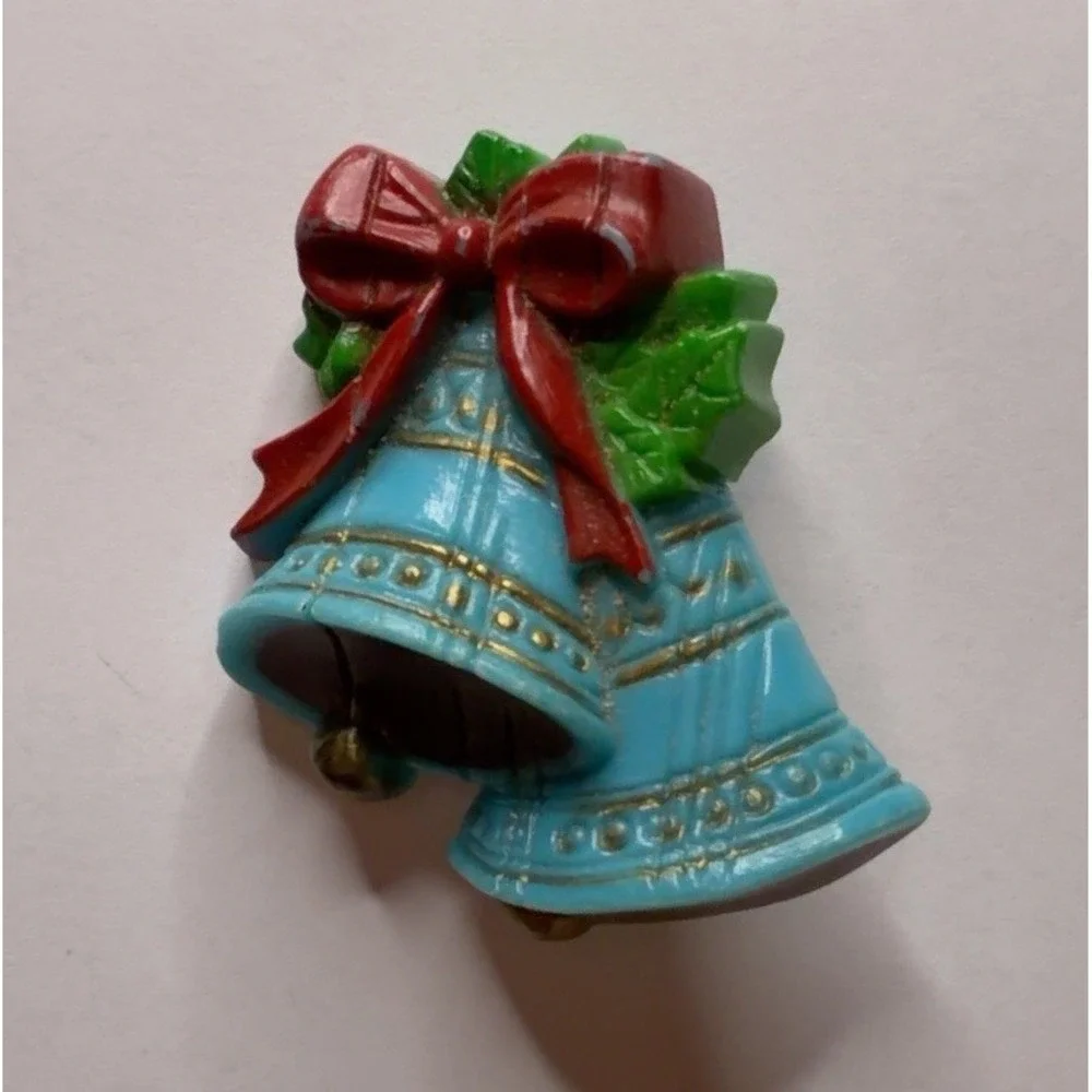 Vintage Christmas Bells Brooch Blue Red Green Holiday Pin Hong Kong